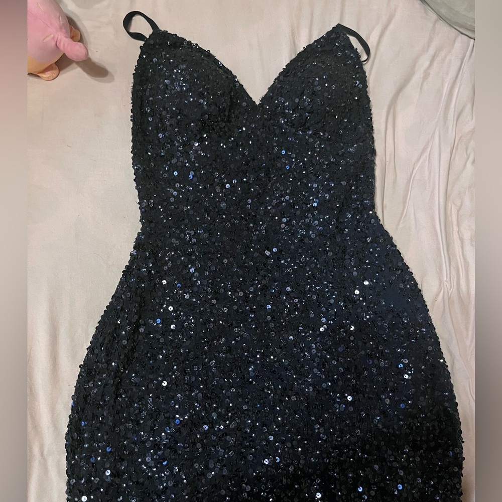 Dark blue prom dress with sequin, back less, size 8
